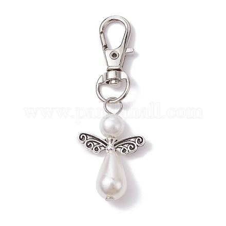 天使の腹筋プラスチック模造真珠のペンダントの装飾  合金製回転式ナスカンカニカン付き  ホワイト  63.5mm HJEW-JM01359-02-1