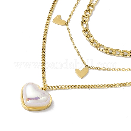 Plastic Pearl Heart Charms Triple Layered Necklace NJEW-F298-03G-1