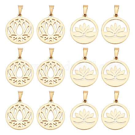 Dicosmétique 12 pièces 2 styles breloque fleur de lotus de yoga breloque de méditation de yoga breloque de lotus creuse dorée breloque ronde plate avec fermoir breloque en acier inoxydable pour la fabrication de bijoux bricolage artisanat FIND-DC0001-60-1