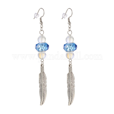 Feather with Round Beads Long Dangle Earrings for Girl Women EJEW-JE04681-01-1