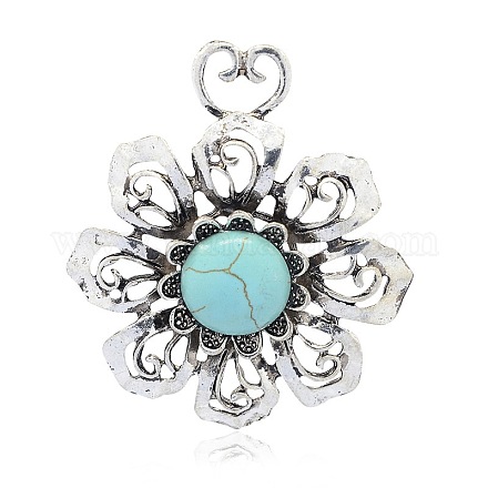 Antique Silver Tone Alloy Synthetic Turquoise Flower Big Pendants PALLOY-J421-01AS-1