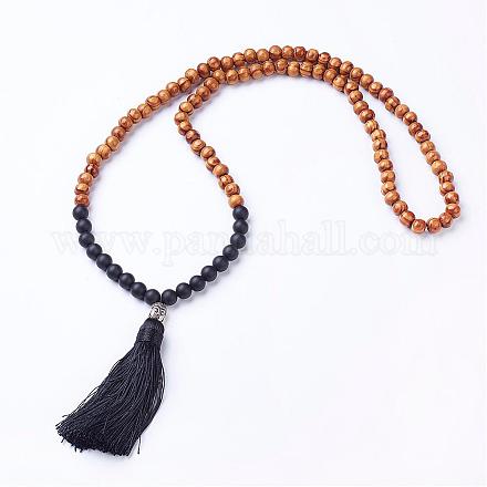 Collane di perle di mala di legno e agata nera naturale NJEW-JN01779-01-1