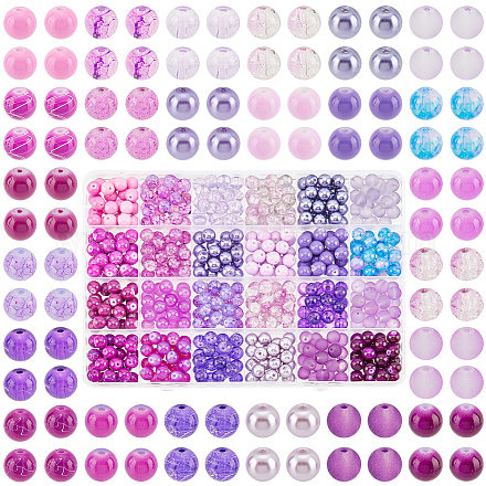 Ph pandahall 600 pièces perles de verre violet 8mm 24 styles perles peintes transparentes entretoise ronde perles en vrac perles artisanales pour bracelets d'amitié GLAA-PH0002-47C-1