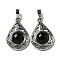 Natural Obsidian Pendants, Rack Plating Brass Hollow Teardrop Charms, Cadmium Free & Lead Free, Platinum, 29.5x19.5x7.5mm, Hole: 7.5x5mm