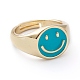 調節可能な真鍮製のエナメル指輪  長持ちメッキ  笑顔  18KGP本金メッキ  ディープスカイブルー  usサイズ7 1/4(17.5mm) RJEW-Z006-E-02-1
