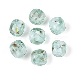 Handgemachte Glasperlen Goldsand, Quader mit Blume, mit Porzellan, mittlerer Aquamarin, 12~13x10~11x10~11 mm, Bohrung: 1.2~1.5 mm