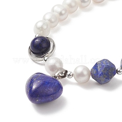 Braccialetto di fascino del cuore di lapislazzuli naturali con catene di perline di perle naturali per le donne&nbsp;BJEW-TA00255-01