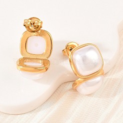 Квадратные серьги-гвоздики из нержавеющей стали 304 и искусственного жемчуга ABS&nbsp;EJEW-Z155-02G