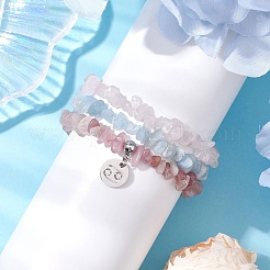 3 ensemble de bracelets extensibles à 3 styles avec aigue-marine naturelle et quartz rose&nbsp;BJEW-JB11076-06