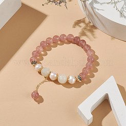 Braccialetto elasticizzato con quarzo fragola naturale e pietra di luna bianca e perline con ciondoli nappa per le donne&nbsp;BJEW-JB09009-01