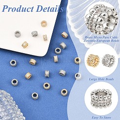 10 шт. 2 цвета латунные микро-паве кубические циркониевые европейские бусины&nbsp;KK-YW0004-30