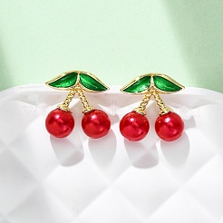 Pendientes de botón con perlas de plástico ABS y latón color cereza&nbsp;EJEW-U062-04B-02G