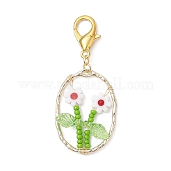 Colgante ovalado con cuentas de vidrio y lampwork de flores y adornos de aleación.&nbsp;HJEW-MZ00351-06