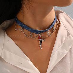 Colliers ras du cou en tissu denim avec pendentif en alliage pour femmes&nbsp;WGC1028-03