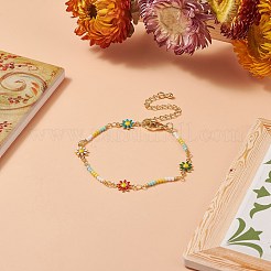 Bracciale a catena a maglie di fiori in ottone con semi di perline per donna&nbsp;BJEW-JB09297