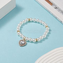 Braccialetto elasticizzato con perline rotonde in perle acriliche con ciondoli a cuore in strass in lega per donna&nbsp;BJEW-JB09232-01