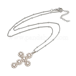 Colliers à chaîne satellite avec pendentif en forme de croix en laiton et imitation de perles&nbsp;NJEW-U015-09P