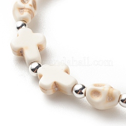 Synthetisches türkisfarbenes (gefärbtes) Stretch-Armband mit Kreuz und Totenkopfperlen&nbsp;BJEW-JB08449-01