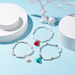 Braccialetti elastici con perline in pietra lavica naturale a 3 colori e zirconi cubici con charm con nappa&nbsp;BJEW-JB07599