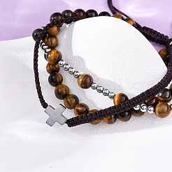 Регулируемые браслеты из плетеных бусин из натурального тигрового глаза и гематита BJEW-U035-01B