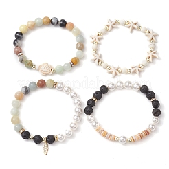 Bracelets en pierre de lave naturelle avec amazonite à fleurs naturelles et turquoise synthétique avec perles en acier inoxydable 304&nbsp;BJEW-JB10519