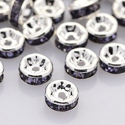 Perline distanziatori strass in ottone, grado a, flangia diritta, colore argento placcato, rondelle, tanzanite, 6x3mm, Foro: 1 mm