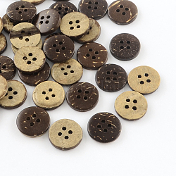 4 bottoni in cocco rotonde piatte buche, marrone noce di cocco, 15x3mm, Foro: 2 mm