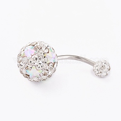 Piercing Jewelry, Brass Micro Pave Cubic Zirconia Navel Rings, Belly Rings, with 304 Stainless Steel Bar, Round, Clear AB, Stainless Steel Color, 28.5mm, Bar: 14 Gauge(1.6mm), Bar Length: 3/8