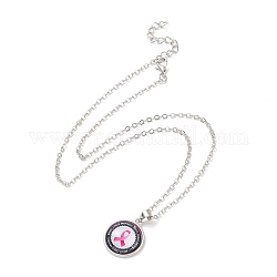 Flache runde Halskette aus Glas mit Messingkette, Brustkrebsbewusstseinsbandschmuck für Frauen, rundes Muster, 18.70 Zoll (47.5 cm)
