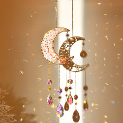 Natural Quartz Crystal Chip & Brass Moon Hanging Suncatcher Pendant Decoration, Crystal AB Teardrop Glass Prism Pendants, 320x85mm