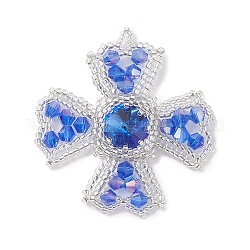 Perles de rocailles faites à la main, pendentifs croix avec strass en verre, blanc, 46x42x6mm, Trou: 1.5x2mm