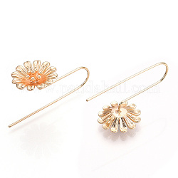 Brass Earring Hooks, with Horizontal Loop, Real 18K Gold Plated, Nickel Free, Flower, 38x16mm, Hole: 1.4mm, 20 Gauge, Pin: 0.8mm