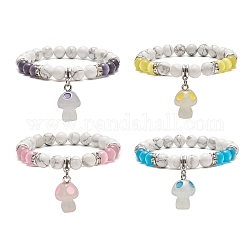 4Pcs 4 Color Natural Howlite Round Beaded Stretch Bracelets Set, Glow in the Dark Luminous Resin Mushroom Charms Stackable Bracelets for Women, Mixed Color, Inner Diameter: 2-1/8 inch(5.3cm), 1Pc/color