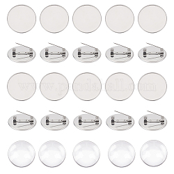 UNICRAFTALE 20Pcs Flat Round Brooch Pin with 20Pcs Glass Cabochons 304 Stainless Steel Brooch Bezel Trays DIY Blank Dome Brooch Making Kit for DIY Brooch Making, 25mm Tray