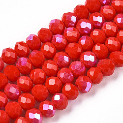 Chapelets de perles en verre opaque de couleur unie, demi arc-en-ciel plaqué, facette, rondelle, rouge-orange, 4x3mm, Trou: 0.4mm, Environ 123~127 pcs/chapelet, 16.5~16.9 pouce (42~43 cm)