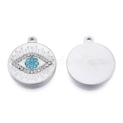 304 Stainless Steel Pendants, with Aquamarine Rhinestone, Flat Round with Eye, Stainless Steel Color, 21x18x2.5mm, Hole: 1.4mm