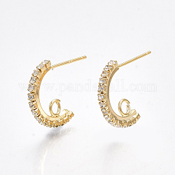 Brass Micro Pave Cubic Zirconia Stud Earring Findings, Half Hoop Earrings, Clear, Nickel Free, Real 18K Gold Plated, 16x2mm, Hole: 2.5mm, Pin: 0.7mm