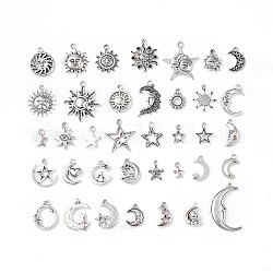 Pendente in lega stile tibetano, ciondoli sole, luna e stelle, argento antico, 11~32x8~24x1.5~4mm, Foro: 1.8 mm, 35 pc / set