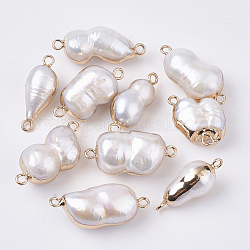Connettori di collegamenti di perle d'acqua dolce coltivate atural, con anello in ottone, bordo placcato, zucca, oro, colore conchiglia, 23~31x9~15x8.5~14mm, Foro: 1.8 mm