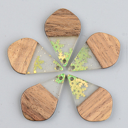 Transparent Resin & Walnut Wood Pendants, with Paillette/Sequin, teardrop, with Snowflake, Green Yellow, 28x17.5x3mm, Hole: 1.8mm