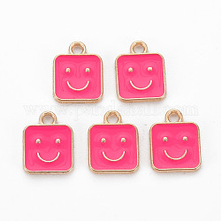 Legierung Emaille Anhänger / charms, cadmiumfrei und bleifrei, Licht Gold, Quadrat mit einem Lächeln, tief rosa, 13x10x1.5 mm, Bohrung: 1.6 mm