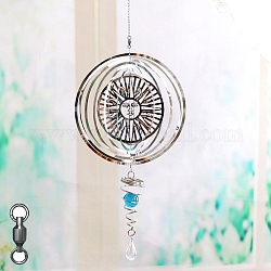 Stainless Steel Wind Chines, Outdoor, Home Hanging Decoration with Deep Sky Blue Glass Beads, Stainless Steel Color, Sun Pattern, 580x177mm