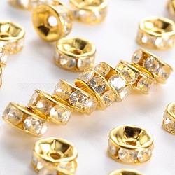 Perline distanziatori strass in ottone, grado B, chiaro, colore metallico oro, misura:circa6mm di diametro, 3 mm di spessore, Foro: 1 mm