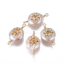 Connecteurs de liens de perles naturelles, avec les accessoires de zircone et en laiton cubes, plat et circulaire avec soleil, or, couleur mixte, 19~26x10~12x6~9mm, Trou: 1.6mm