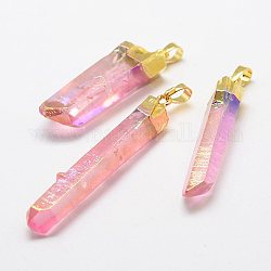 Electroplate colgantes de cristal de cuarzo natural, con fornituras de latón, facetados, pepitas, rosa, 48~63x10~14x7~10mm, agujero: 5x8 mm