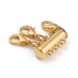Литые магнитный замок слайд застежками, застежки для ожерелья, с карабин-лобстерами , 3 нитей, 6-луночное, трубка, золотые, 25x20 мм, отверстие : 1.5 мм