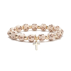 Bracelet extensible en perles de bois et hématite synthétique avec breloques croix en laiton, bijoux religieux pour femmes, or, diamètre intérieur: 2-3/8 pouce (6 cm)
