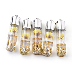 Transparent Glass Bottle Pendants, with Resin & Synthetic Gemstone & Dried Flower Inside, Brass Findings, Platinum, Yellow, 44x11mm, Hole: 2mm