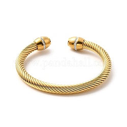 Placage ionique (ip) 304 bracelet de manchette ouvert en corde torsadée en acier inoxydable, bracelet couple strass pour femme, or, diamètre intérieur: 2-1/4 pouce (5.6 cm)