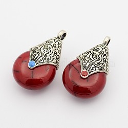 Drop Tibetan Style Pendants, Alloy Findings with Resin Imitation Beeswax, Antique Silver, Red, 38x22x17mm, Hole: 4mm